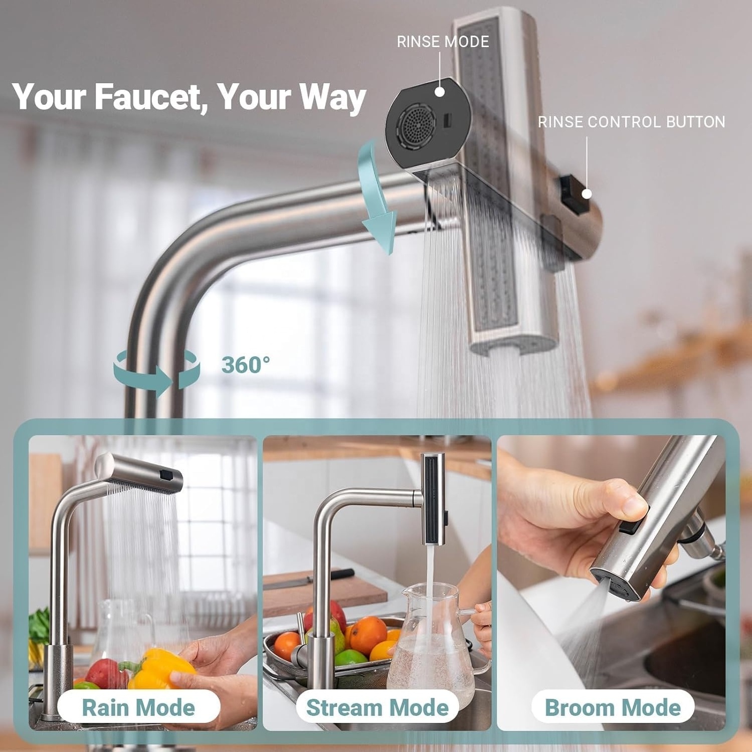 Waterfall Kitchen Faucet with Pull-Out Sprayer Brushed Nickel Kitchen Faucet SUS304 Stainless Steel Swivel Kitchen Sink Fau