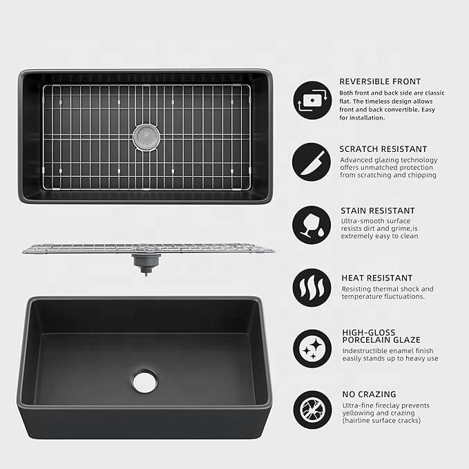 Black Farmhouse Sink 33 inch Fireclay Apron Front Farm Sink Deep Large Capacity Single Bowl Kitchen Sink with Bottom Grid