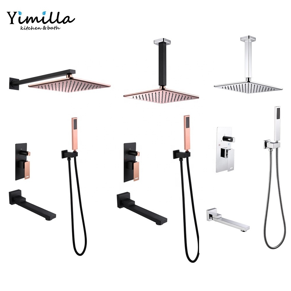 Black & rose gold Rainfall Bath Shower Faucet 3 Function Shower System Set with 10'' High Pressure Rain Shower Head