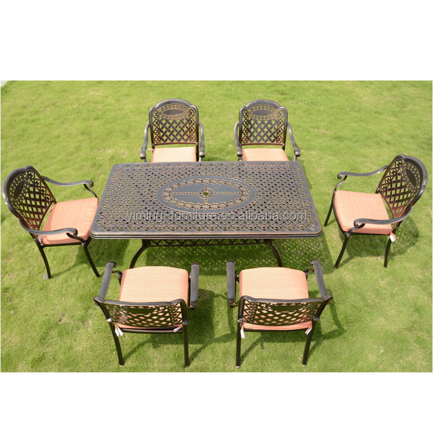 7 Piece long table dining set cast aluminum garden patio furniture