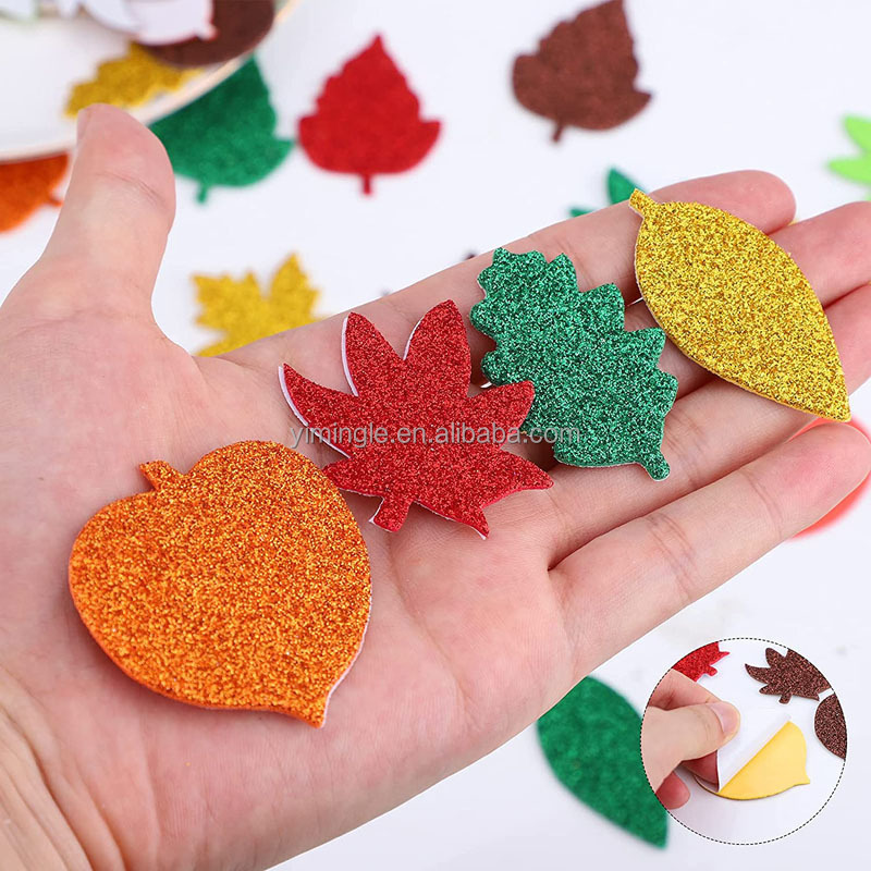 500Pcs Thanksgiving Glitter Foam Maple Fall Leaves Craft Stickers Leaf Eva Stickers Scrapbooking Class Party Supplies Decor