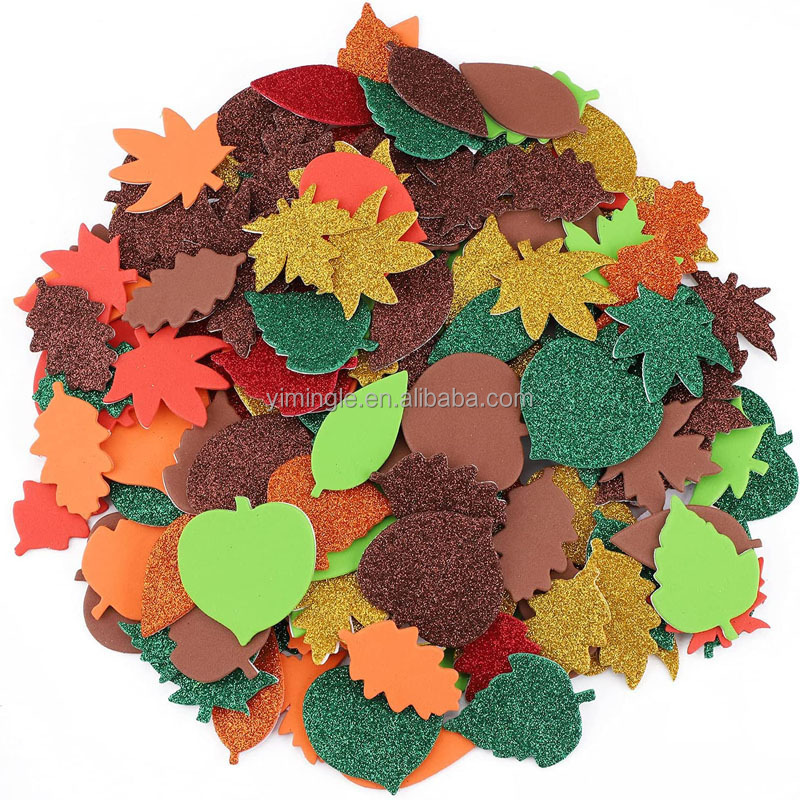 500Pcs Thanksgiving Glitter Foam Maple Fall Leaves Craft Stickers Leaf Eva Stickers Scrapbooking Class Party Supplies Decor