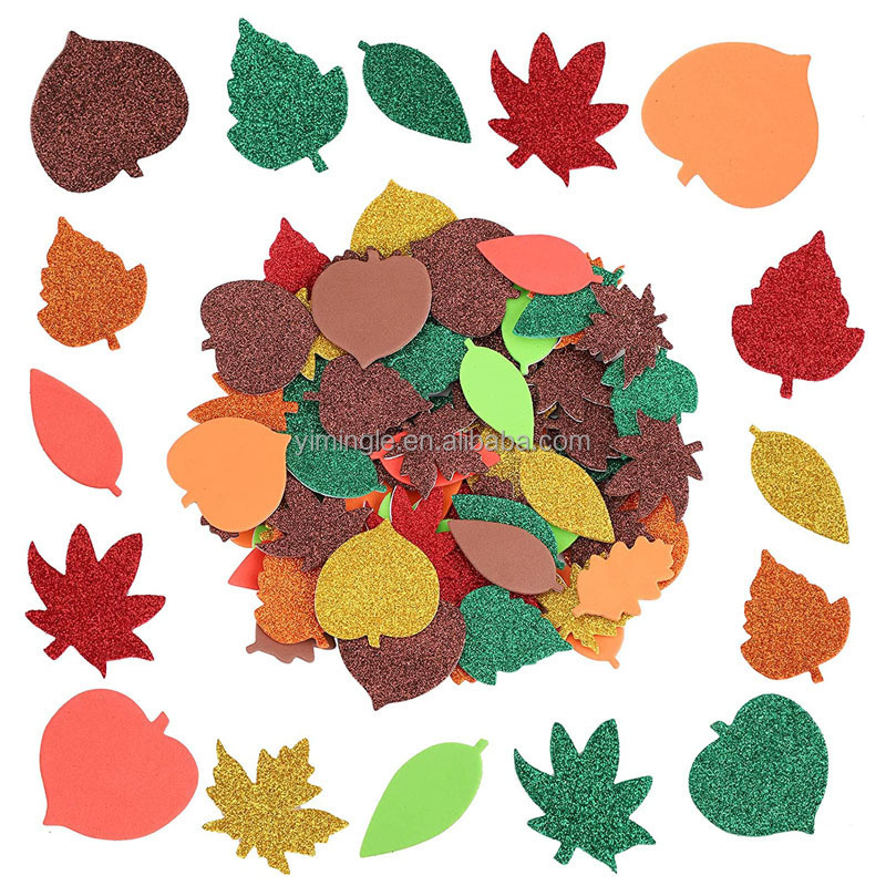 500Pcs Thanksgiving Glitter Foam Maple Fall Leaves Craft Stickers Leaf Eva Stickers Scrapbooking Class Party Supplies Decor