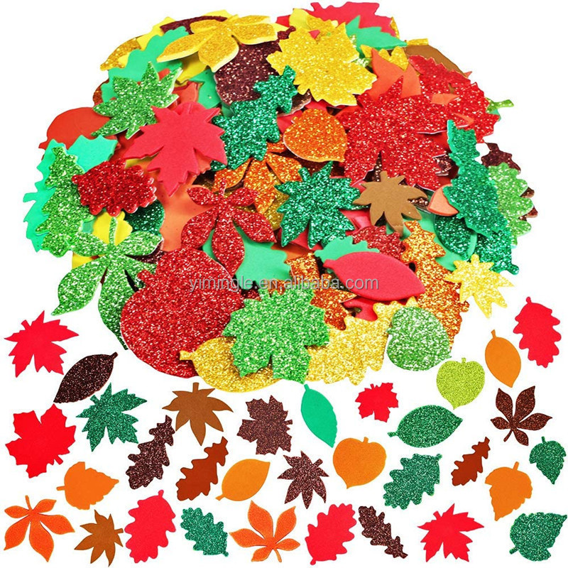 500Pcs Thanksgiving Glitter Foam Maple Fall Leaves Craft Stickers Leaf Eva Stickers Scrapbooking Class Party Supplies Decor