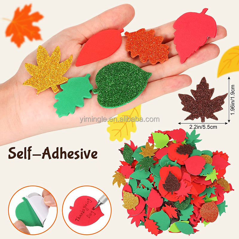 500Pcs Thanksgiving Glitter Foam Maple Fall Leaves Craft Stickers Leaf Eva Stickers Scrapbooking Class Party Supplies Decor