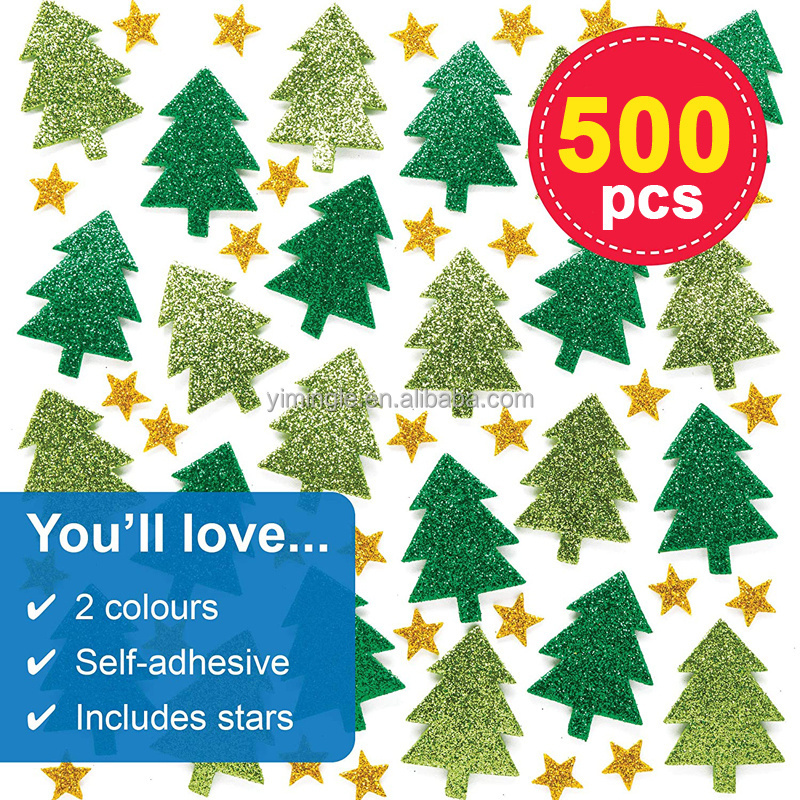 500pcs Christmas Tree Stickers  Eva Foam Stickers Glitter Self-Adhesive  DIY  Crafts Winter Party Home Wall Decor Gifts