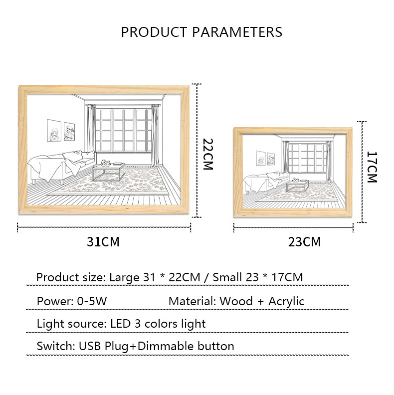 INS Deco Led Light Painting USB Plug Dimming Wall Artwork Table Lamp Gift Indoor Sunlight Window Wooden Photo Night Luminous