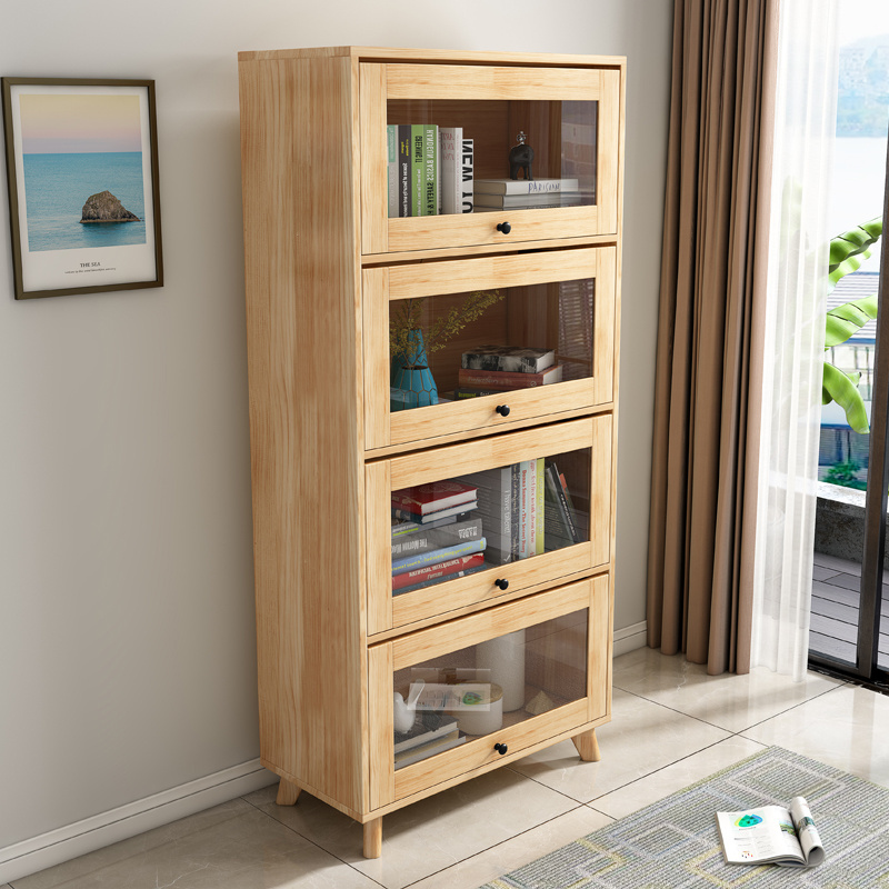 YMSC Solid Wood Storage Bookcase Corner Book Stand Combined Display Cabinet With Glass Door