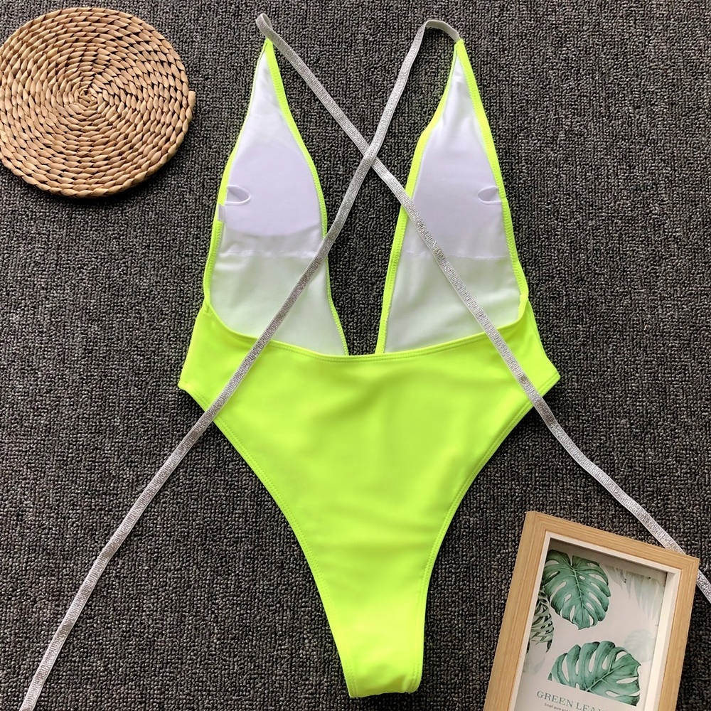 2021  Swimsuit  Custom Sexy  Swimwear Women Deep V Backless One Piece Swimsuit Sequined Strap Solid Color Bikini