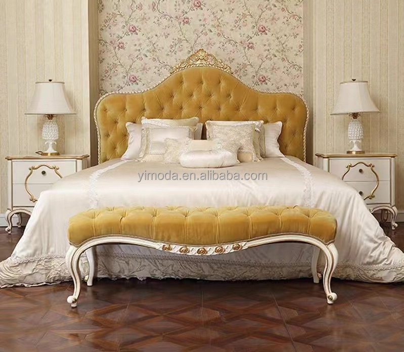 Top end European Tufted chesterfield wood velvet bed frame wooden bed frame king size yellow bed with headboard