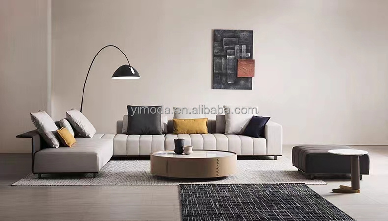 Modern L Shaped Sofa Living Room Villa Grey Leather Sofa Luxury Sectional  L shape grey black Sofa Set