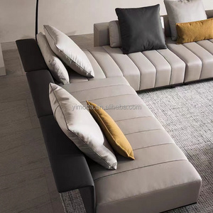 Modern L Shaped Sofa Living Room Villa Grey Leather Sofa Luxury Sectional  L shape grey black Sofa Set