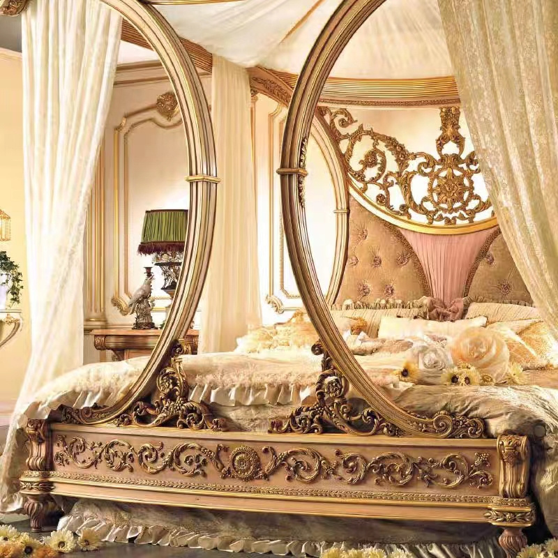 Royal Velvet Upholstered Double Bed Frame King Size Latest Design Bed Room Furniture Wood Luxury Classical Carved Canopy Bed