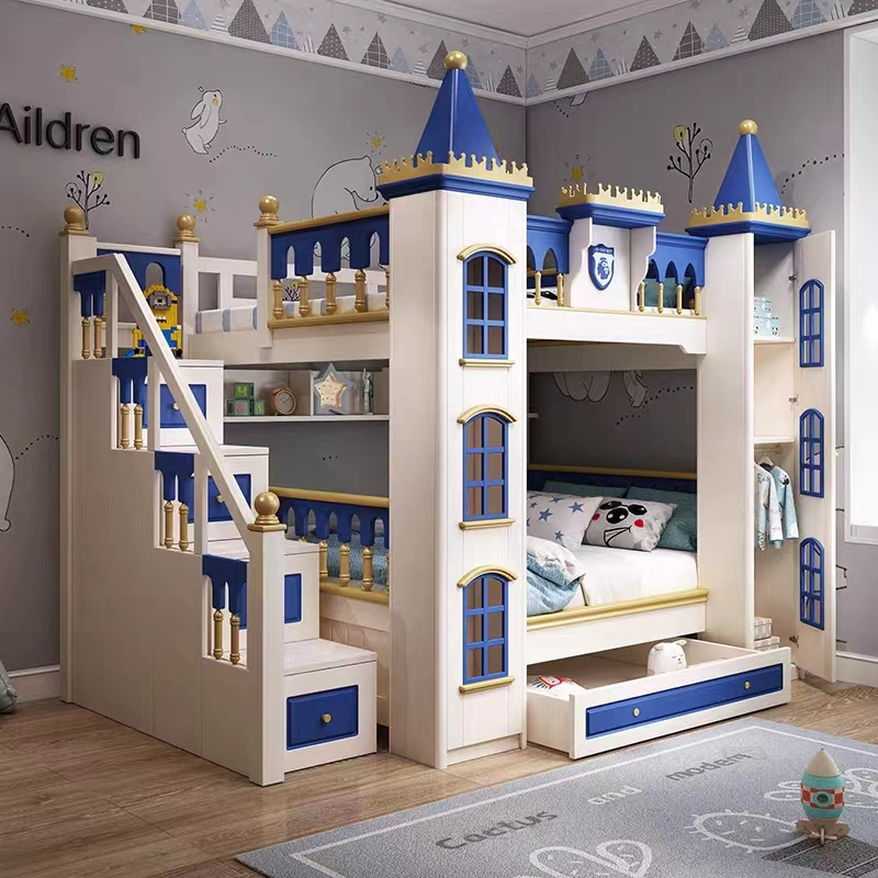 Modern Kids castle House Bed Slide Wooden castle blue Bunk Bed With Playhouse Toddler Jungle Gym Wooden Slide