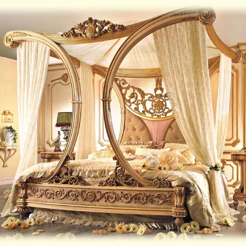 Royal Velvet Upholstered Double Bed Frame King Size Latest Design Bed Room Furniture Wood Luxury Classical Carved Canopy Bed