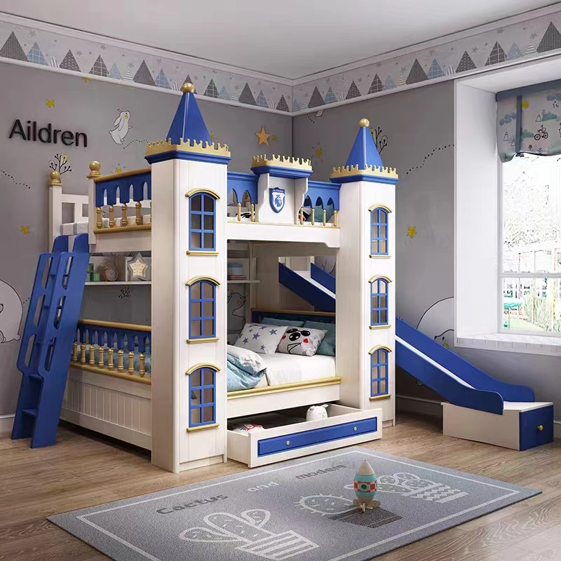 Modern Kids castle House Bed Slide Wooden castle blue Bunk Bed With Playhouse Toddler Jungle Gym Wooden Slide