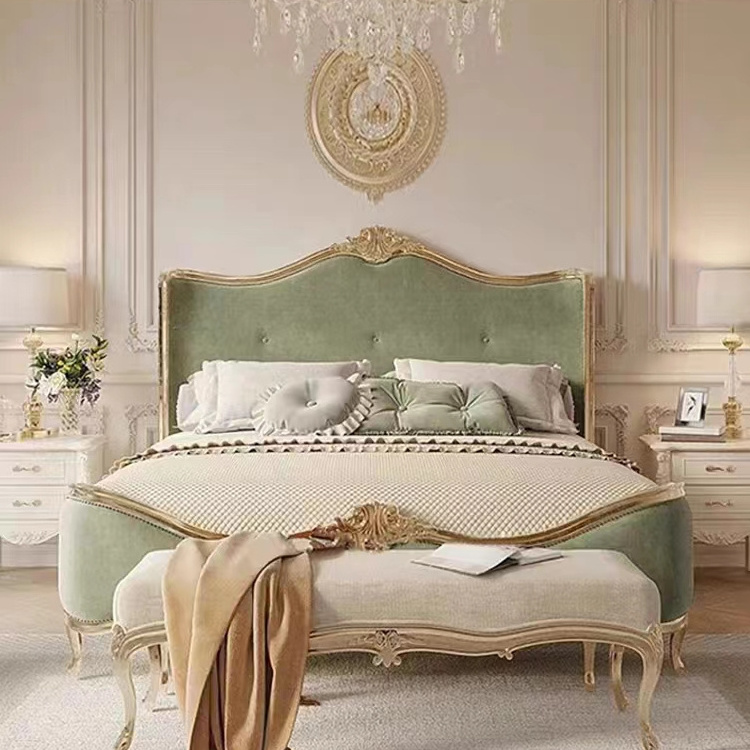 Antique French Provincial Furniture Hand Elegant Green velvet Carved Bed Furniture For Bedroom Room