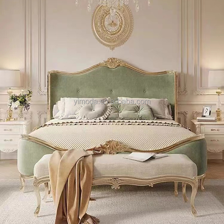 Antique French Provincial Furniture Hand Elegant Green velvet Carved Bed Furniture For Bedroom Room