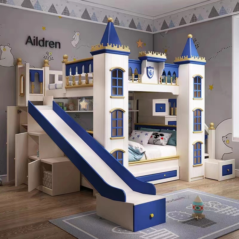 Modern Kids castle House Bed Slide Wooden castle blue Bunk Bed With Playhouse Toddler Jungle Gym Wooden Slide