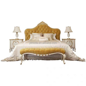 Top end European Tufted chesterfield wood velvet bed frame wooden bed frame king size yellow bed with headboard