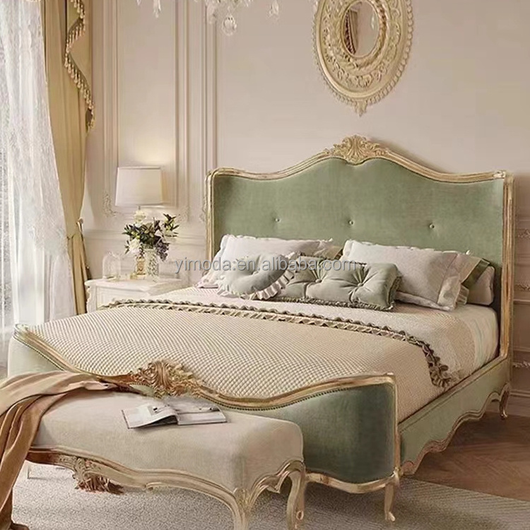 Antique French Provincial Furniture Hand Elegant Green velvet Carved Bed Furniture For Bedroom Room