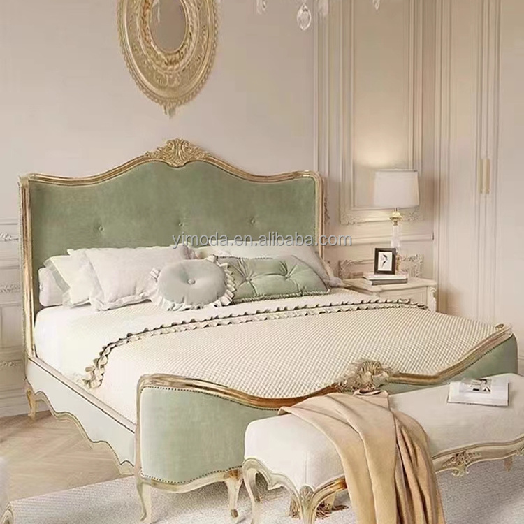 Antique French Provincial Furniture Hand Elegant Green velvet Carved Bed Furniture For Bedroom Room