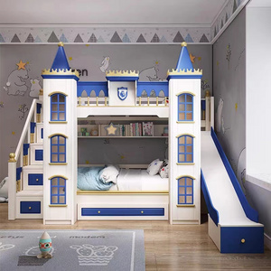 Modern Kids castle House Bed Slide Wooden castle blue Bunk Bed With Playhouse Toddler Jungle Gym Wooden Slide