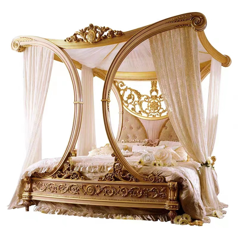 Royal Velvet Upholstered Double Bed Frame King Size Latest Design Bed Room Furniture Wood Luxury Classical Carved Canopy Bed