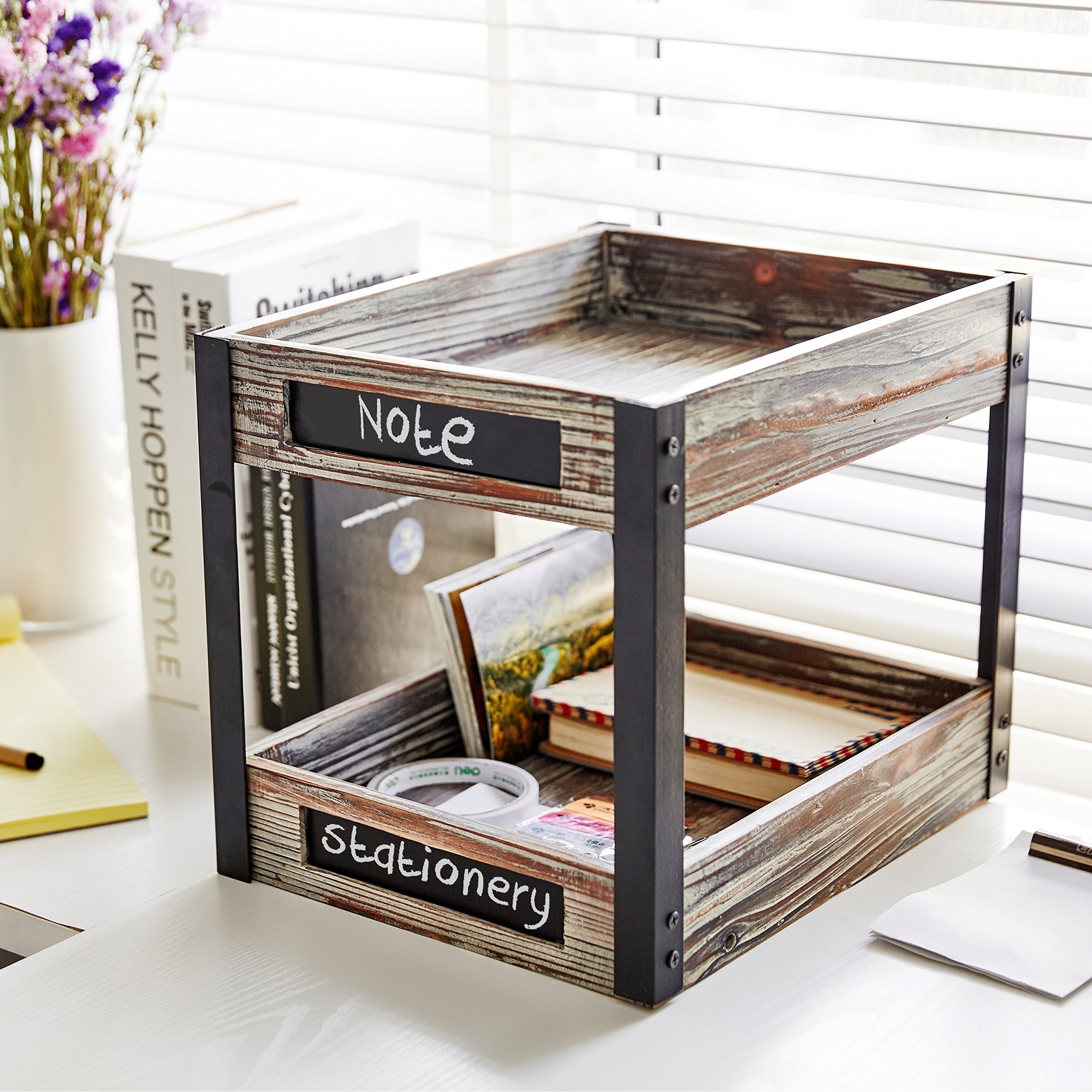 2 Tier Torched Wood Desktop Document Letter Paper Tray with Metal Legs Home Office Desk File Folder Wood Desk Organizer