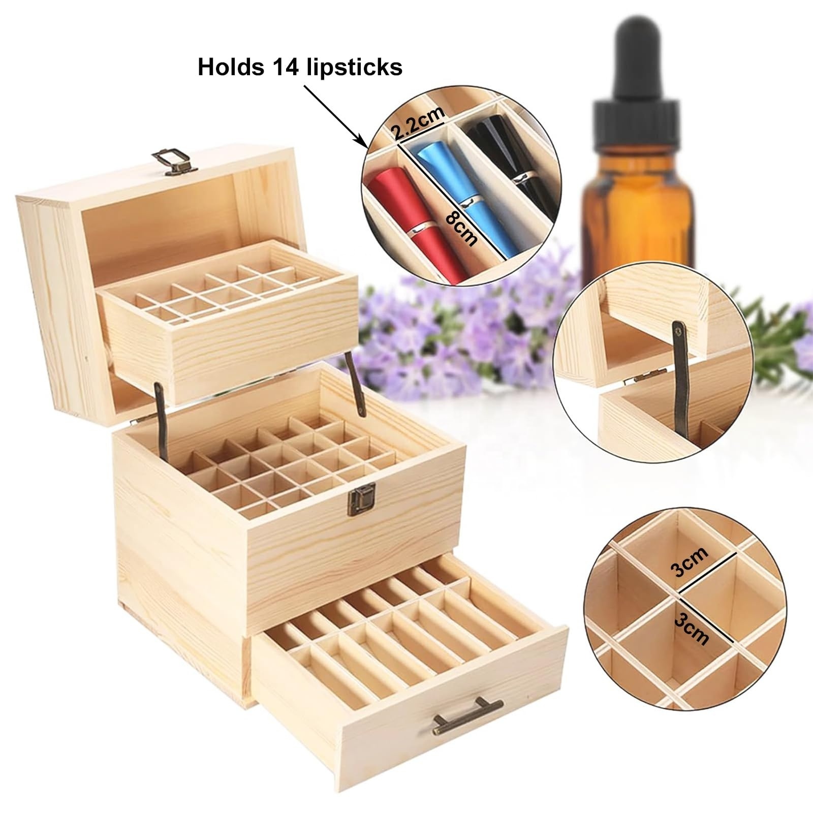 Wholesale selling 3-layer large capacity slot wooden essential oil nail polish aromatherapy oil display wooden storage box