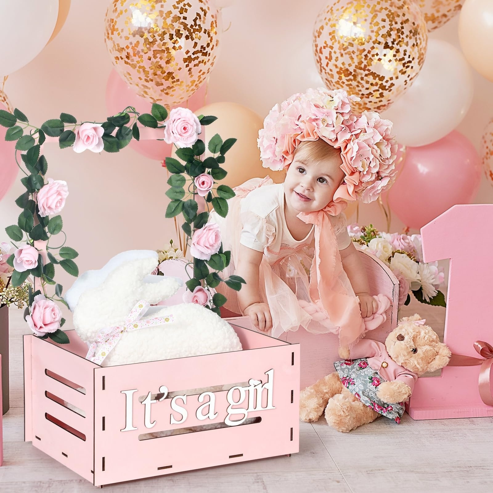 Custom Wholesale new personalized pink wooden baby shower box closet Wooden gift box pregnancy basket Wooden Baby Shower Crate