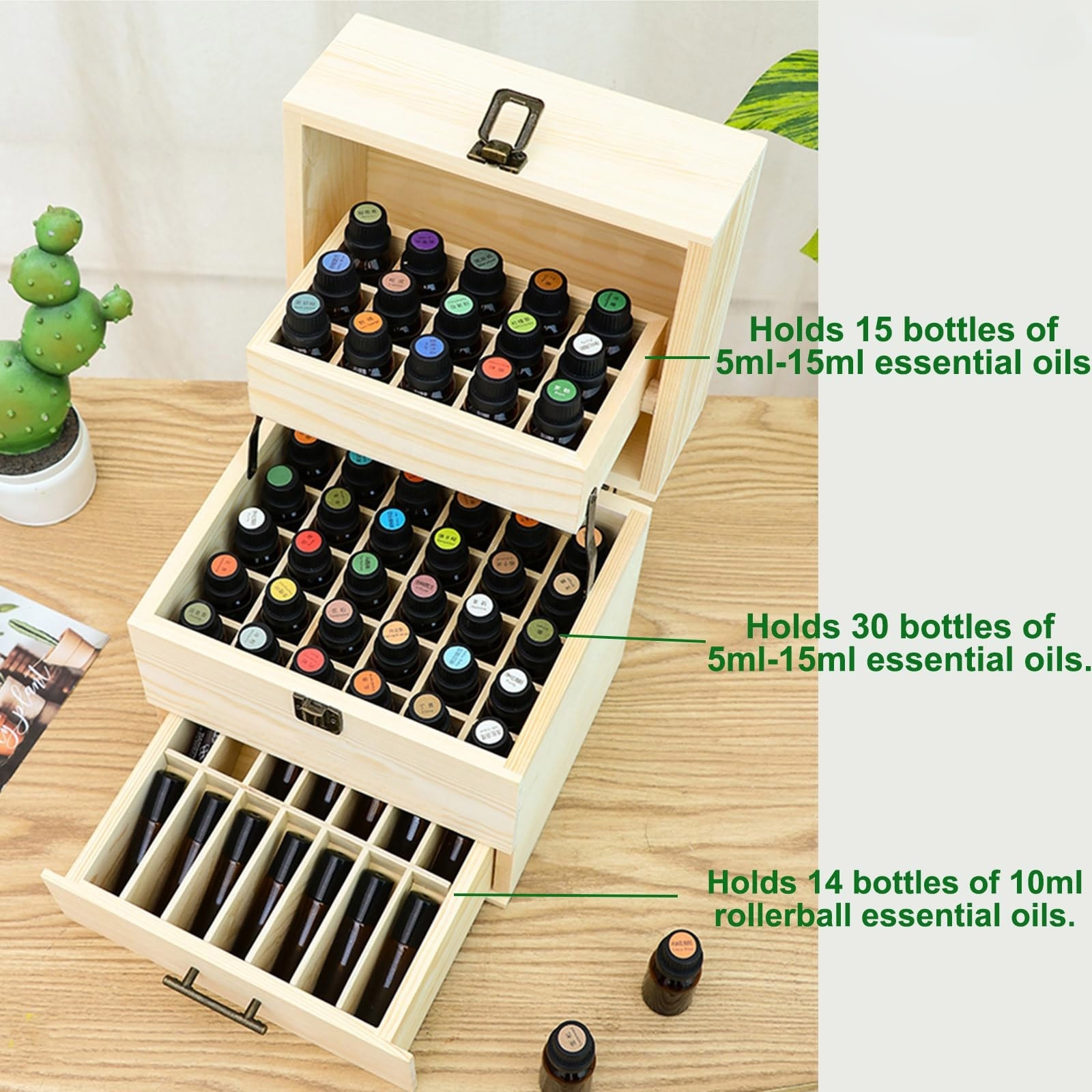 Wholesale selling 3-layer large capacity slot wooden essential oil nail polish aromatherapy oil display wooden storage box