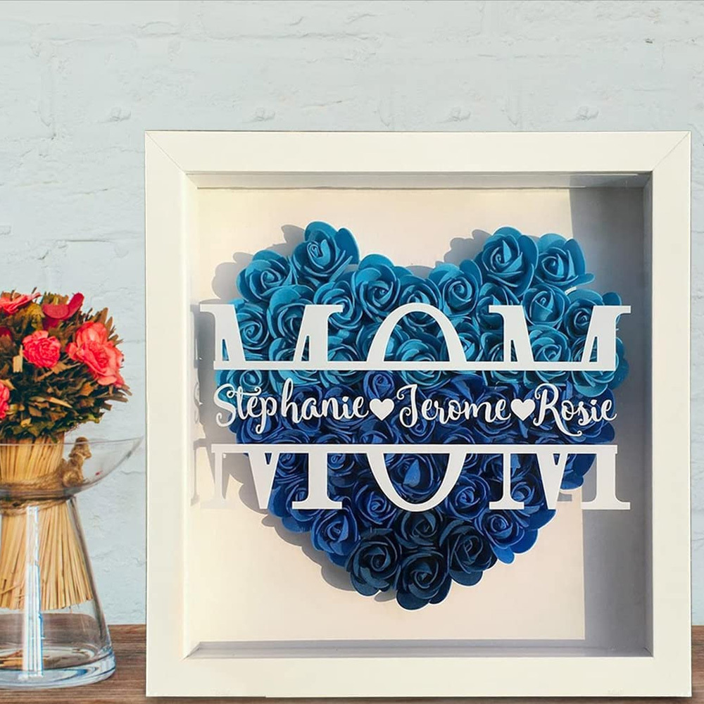 Mom Dried Flower Shadow Box with Custom Heart Shaped Name Picture Frame Display for Mother's Valentine's Day