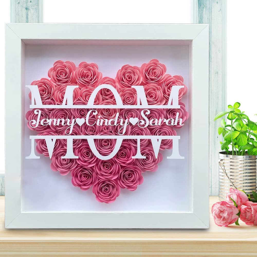 Mom Dried Flower Shadow Box with Custom Heart Shaped Name Picture Frame Display for Mother's Valentine's Day