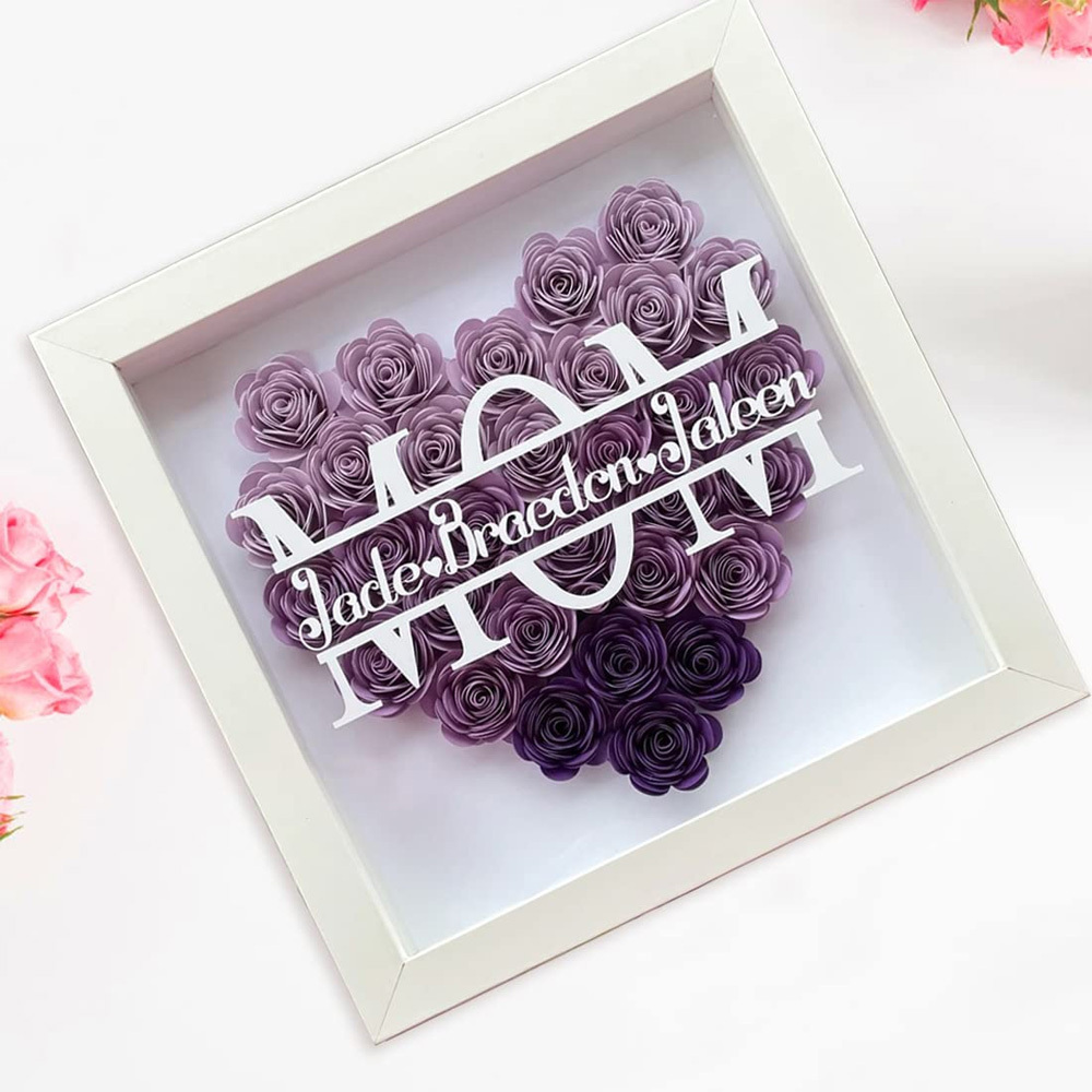 Mom Dried Flower Shadow Box with Custom Heart Shaped Name Picture Frame Display for Mother's Valentine's Day