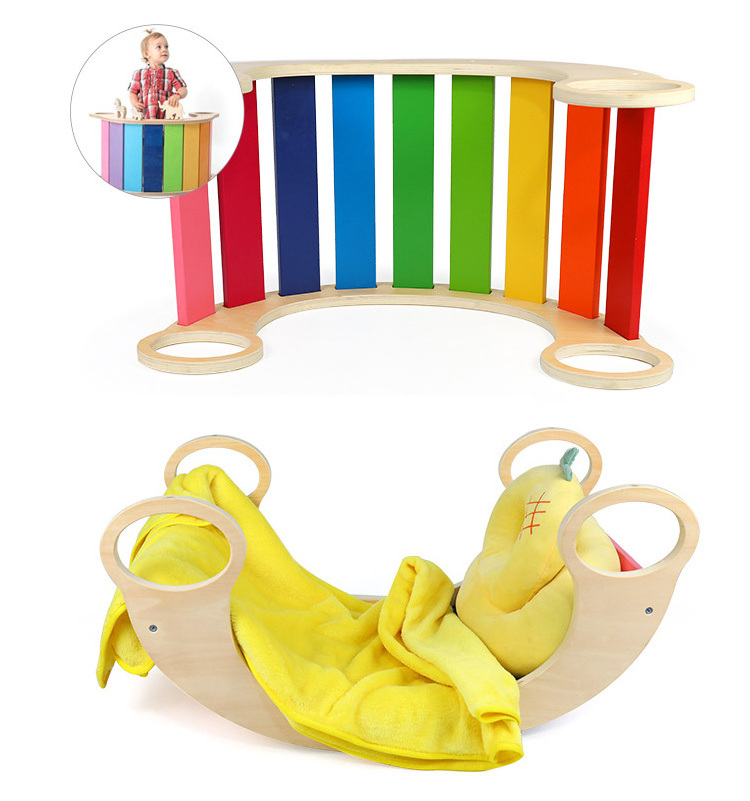 Montessori Rainbow Climber Rainbow Swing Balance Board Multifunctional Waldorf Wooden Climbing Arch Rocker Board Rocking Chair