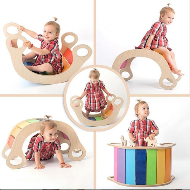 Montessori Rainbow Climber Rainbow Swing Balance Board Multifunctional Waldorf Wooden Climbing Arch Rocker Board Rocking Chair