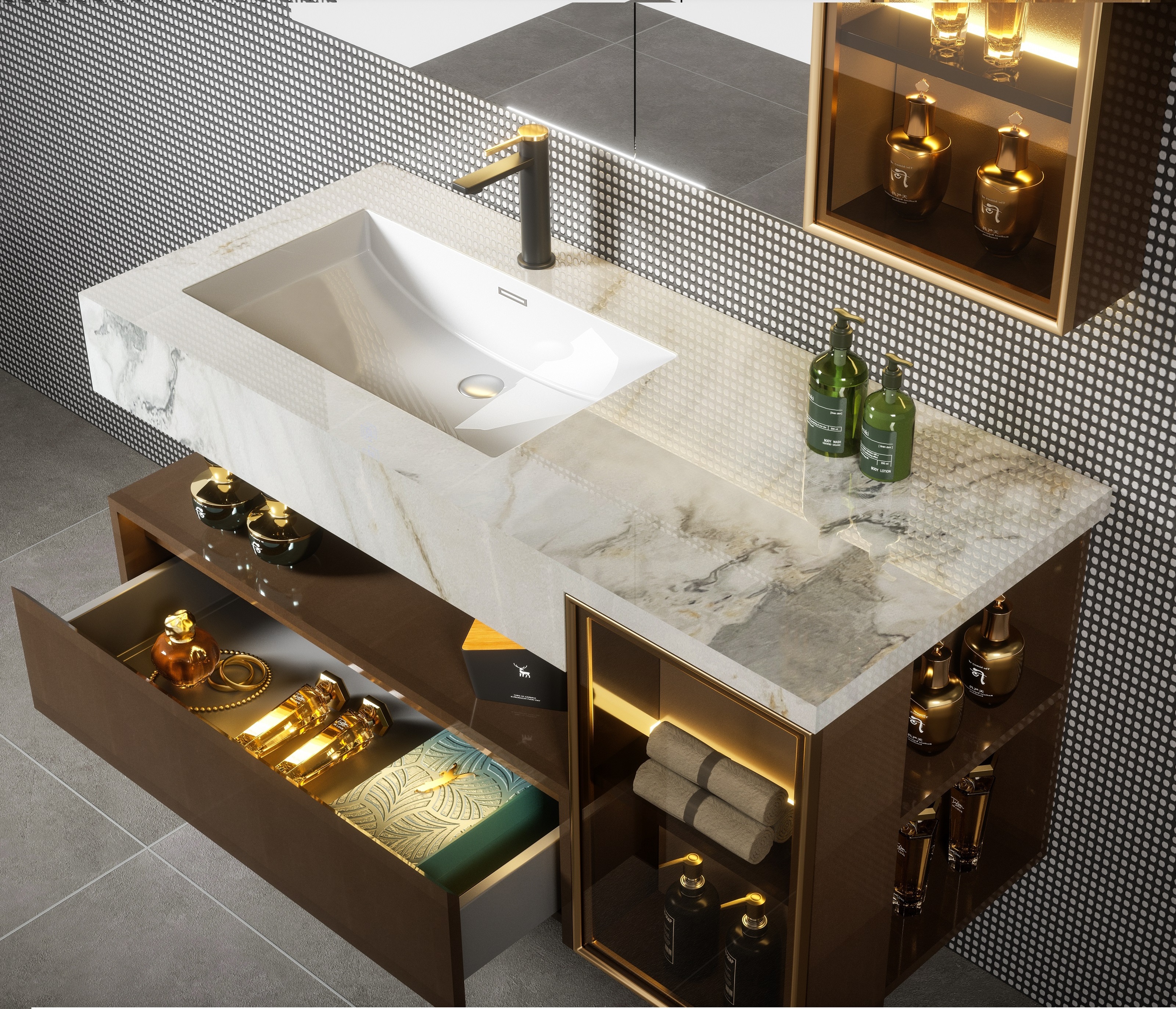 Luxury High End  Bathroom Cabinet Vanity With Glossy Sintered Stone seamless splicing basin  And Mutifuntions Mirror  cabinet