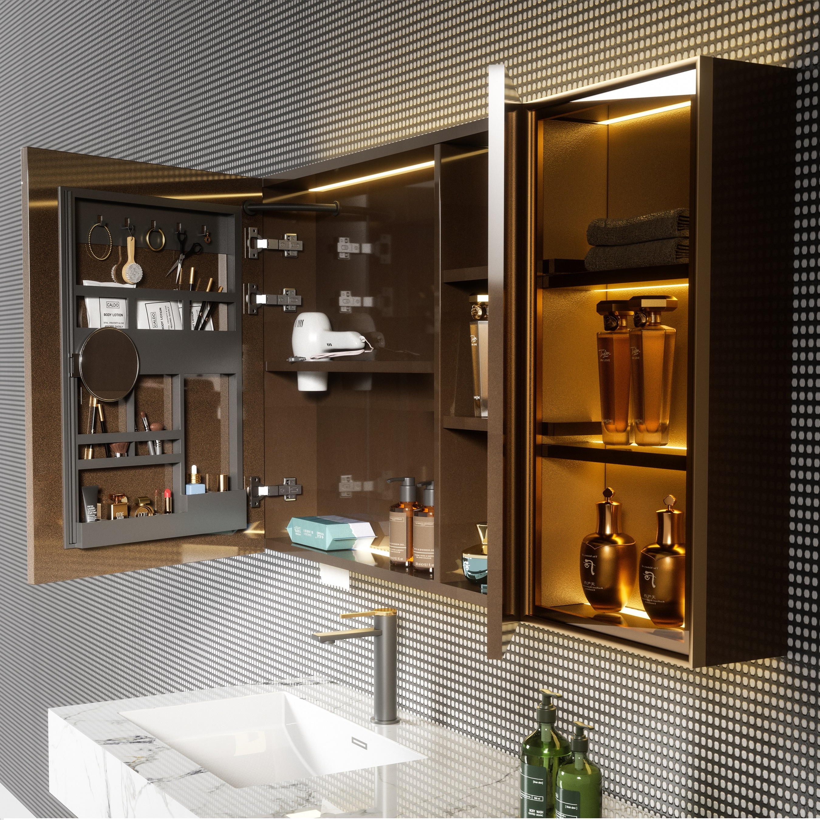 Luxury High End  Bathroom Cabinet Vanity With Glossy Sintered Stone seamless splicing basin  And Mutifuntions Mirror  cabinet