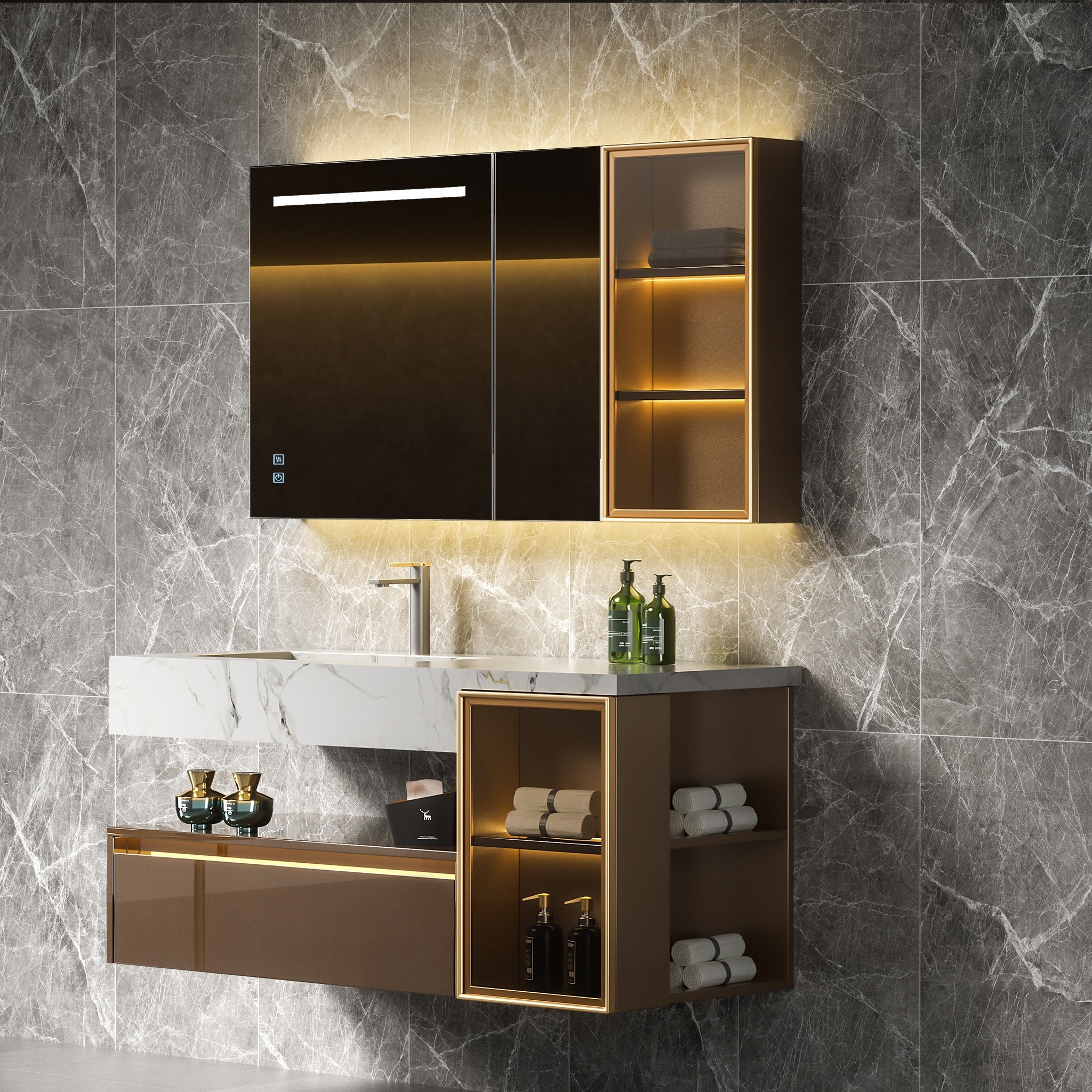 Luxury High End  Bathroom Cabinet Vanity With Glossy Sintered Stone seamless splicing basin  And Mutifuntions Mirror  cabinet