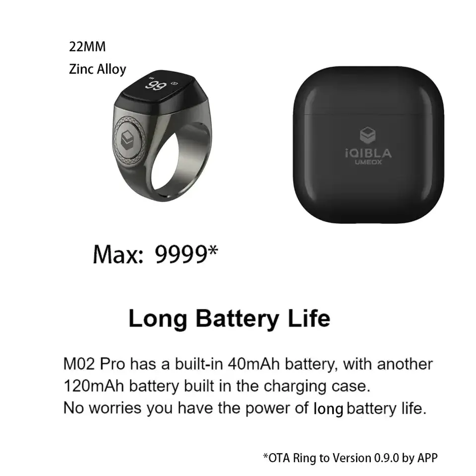 Zikr Ring M02 Pro Metal Counter Muslim Smart Ring with Tasbih Azan Zikr Ring with 120mAh Charging Case Tasbeeh Counter