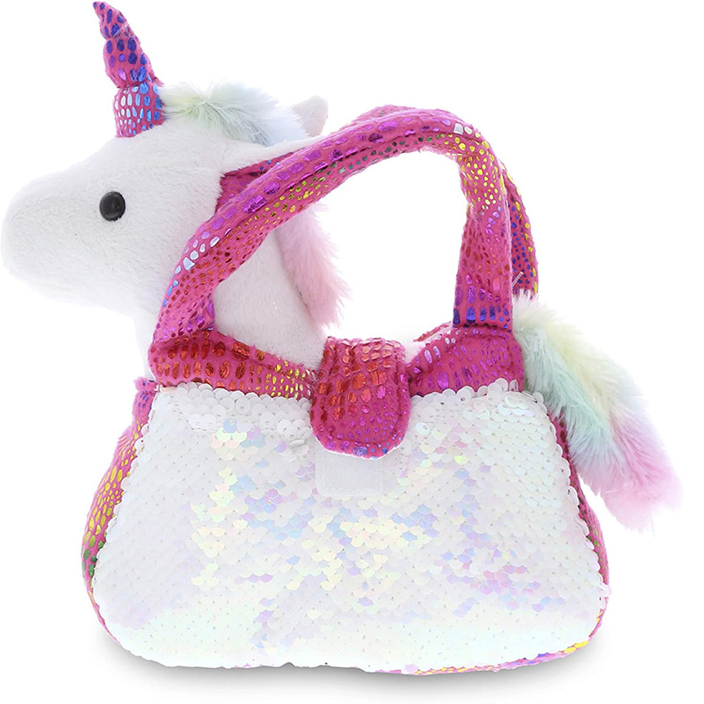 5394 Unicorn Plush Reversible Sequin Pet Carrier Handbag White Sparkle Soft Stuffed Animal Toy Purse Pretend Play Pet Carrier