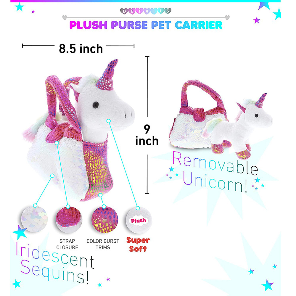 5394 Unicorn Plush Reversible Sequin Pet Carrier Handbag White Sparkle Soft Stuffed Animal Toy Purse Pretend Play Pet Carrier