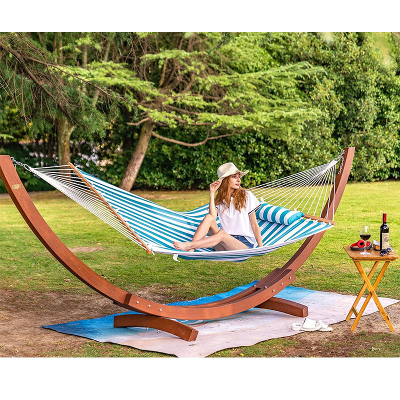 J699 double fabric hammock spreader bars outdoor patio swing sailor stripe blue white hammock swing with detachable pillow