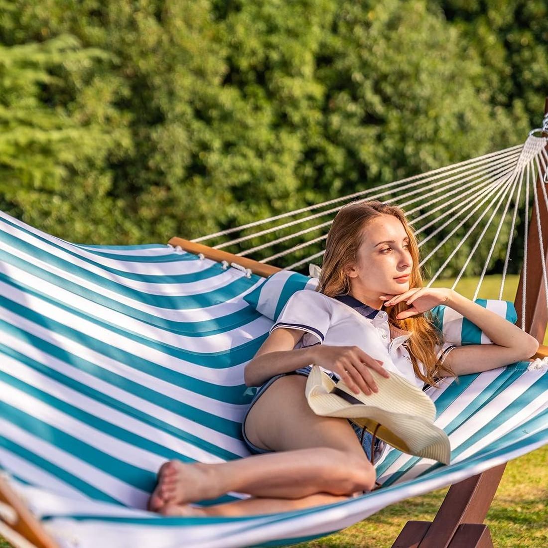 J699 double fabric hammock spreader bars outdoor patio swing sailor stripe blue white hammock swing with detachable pillow