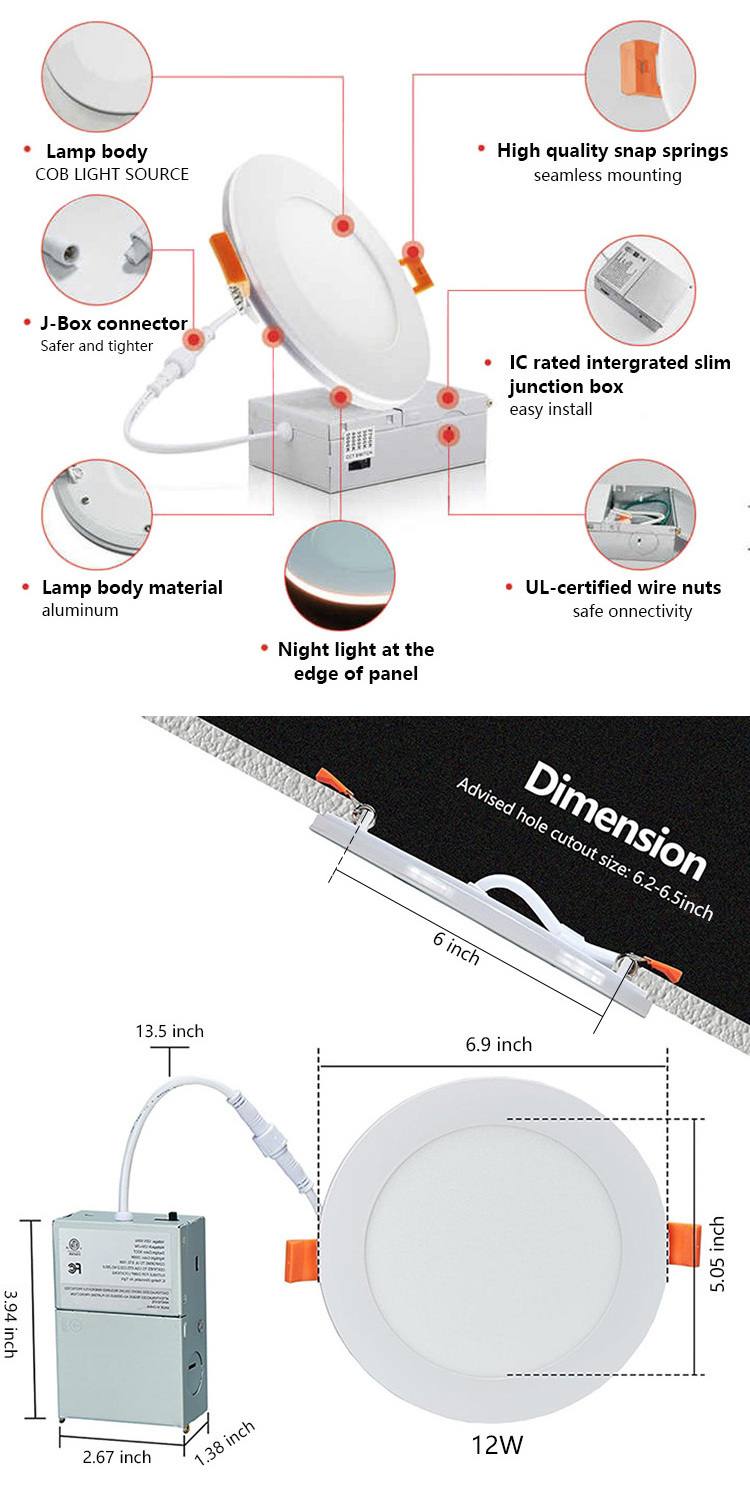 Hot Sale 6 Pack 4 Inch/6 Inch ETL 5CCT Dimmable Round Ultra Slim Recessed Mount Led Ceiling Light with Night Light