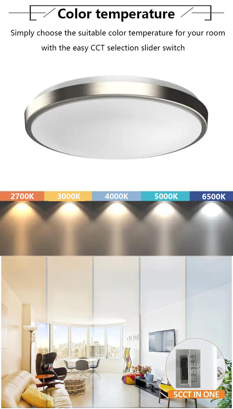 13 Inch ETL Listed 5CCT 24W LED Flush Mount Ceiling Light Brushed Nickel For Living Room Bedroom Hotel