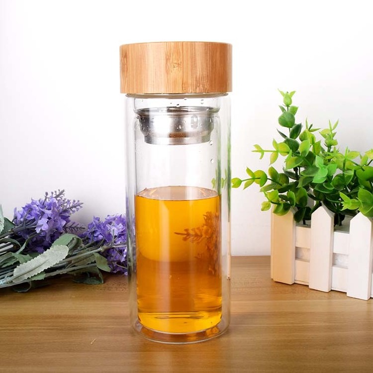 350ml Leak Free High Borosilicate Double Wall Travel Mug/Glass Water Bottle With Bamboo lid