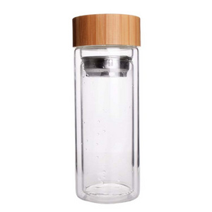 350ml Leak Free High Borosilicate Double Wall Travel Mug/Glass Water Bottle With Bamboo lid