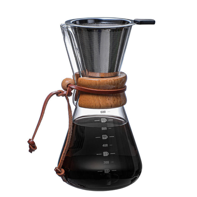 Manual Glass Coffee Dripper Brewer Hand Drip with Wood Sleeve Pour Over Coffee Maker With Stainless Steel Filter